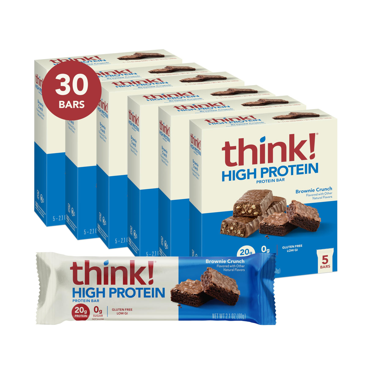 think! Brownie Crunch bar close-up highlighting high-protein snack with almonds