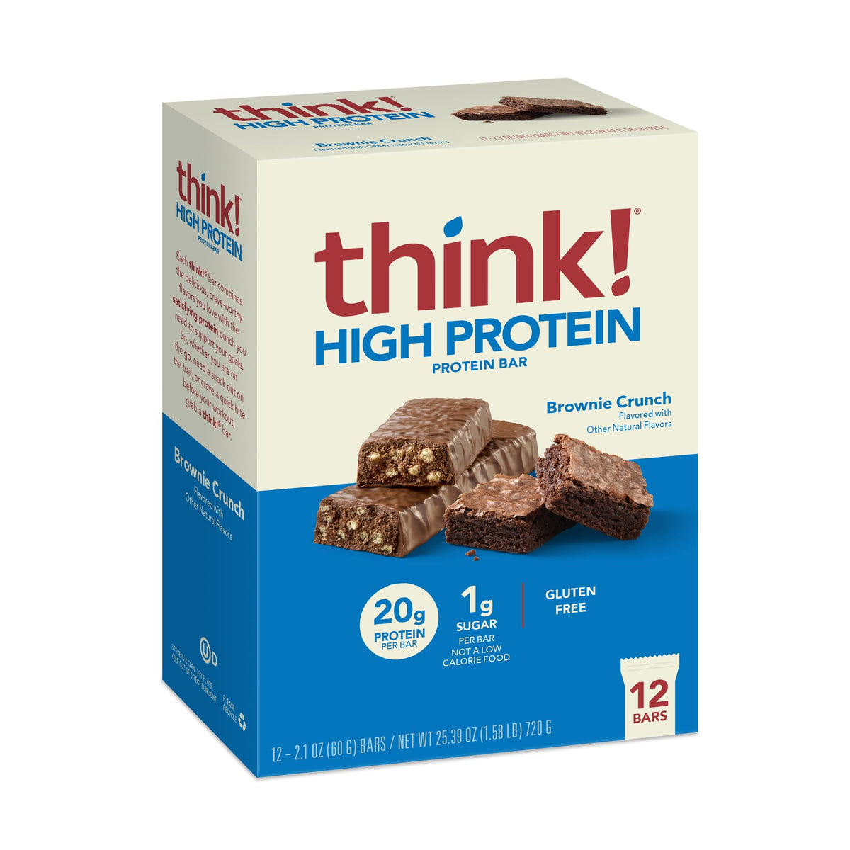 think! Brownie Crunch bar packfront shows rich texture and protein