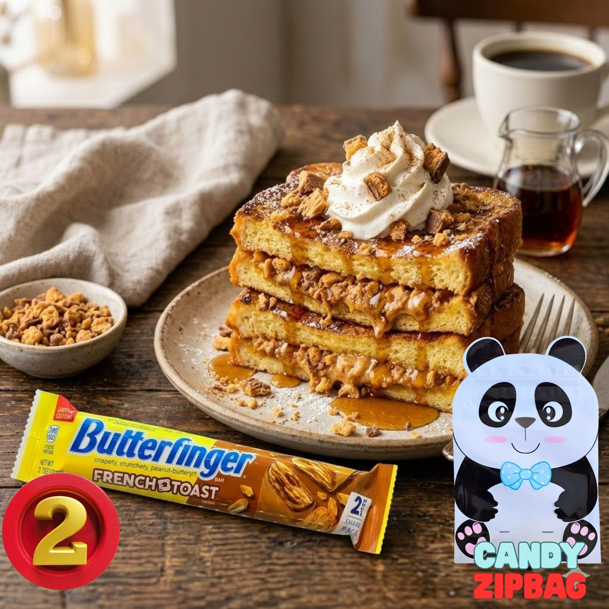 Think Candy Butter French Toast Finger bar close-up reveals crunchy peanut butter center.