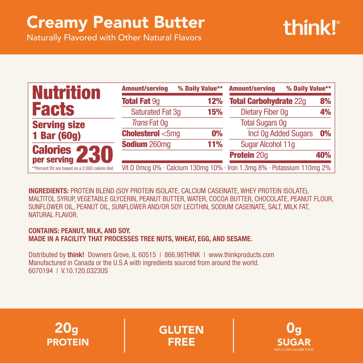Think! Chocolate-drizzled bar wrapper highlights indulgent flavor and texture.