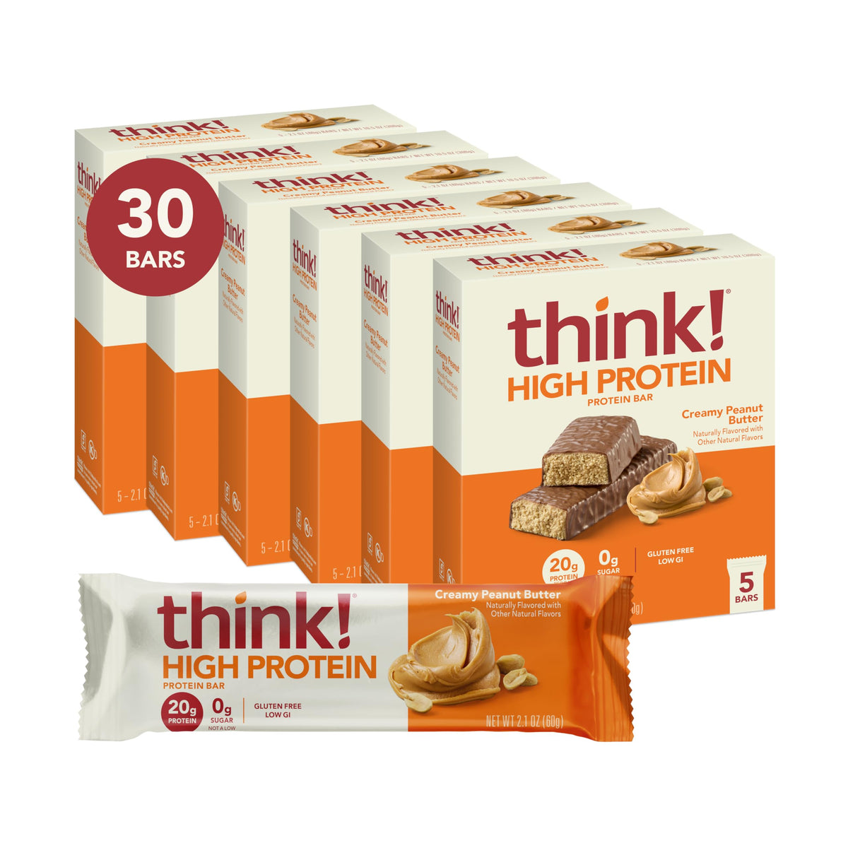 Think! Creamy Peanut Butter Bar close-up showing rich texture and protein boost.