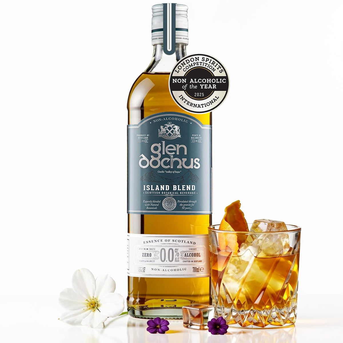 Think Distributors Glen Dochus Island Blend bottle on bar, premium non-alcoholic whiskey option.