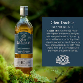 Close-up of Glen Dochus Island Blend label highlighting Scottish craftsmanship.