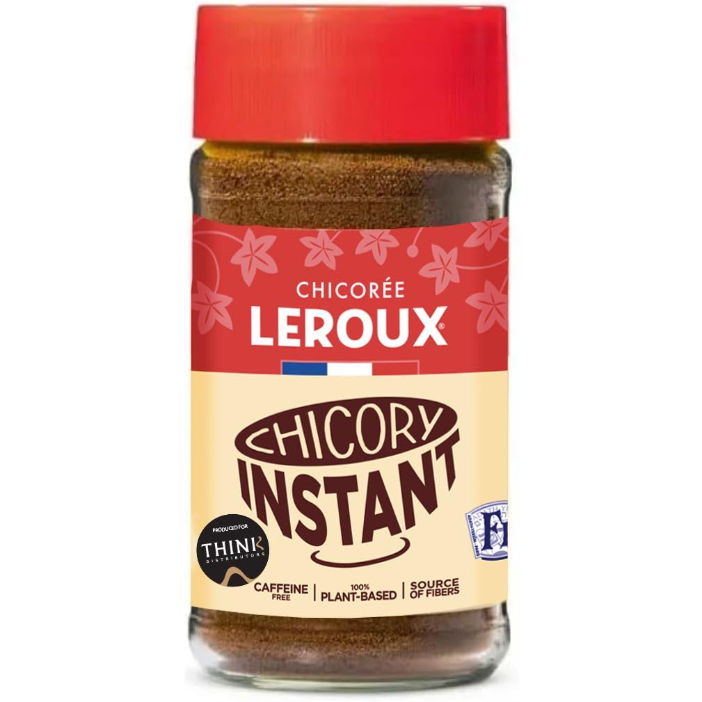 Think Distributors Leroux Instant Chicory Coffee jar, caffeine-free and easy to mix hot or iced.