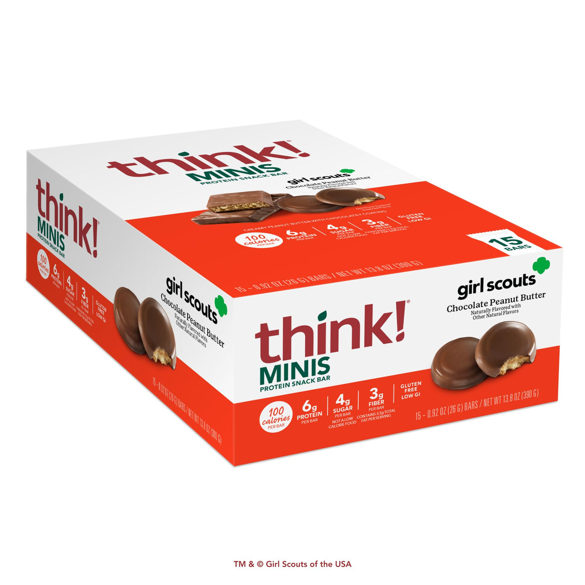 think! Girl Scout Minis chocolate peanut butter bar pack, convenient on-the-go snack option.