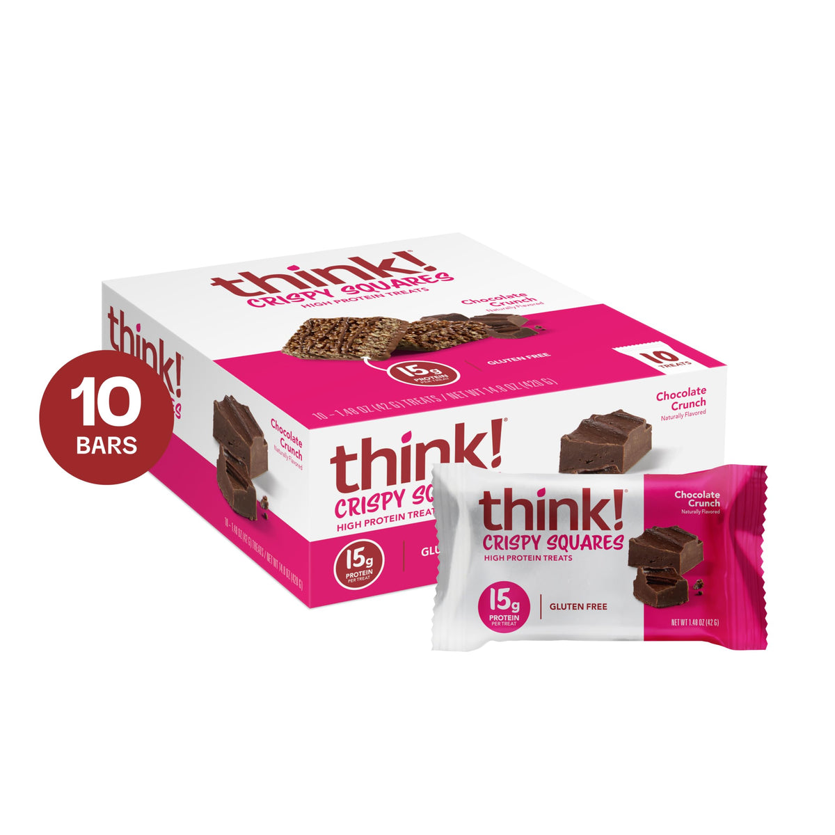 Think high-protein Crispy Squares chocolate bar close-up highlighting rich cocoa and crunchy texture.