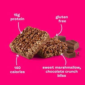 Think high-protein Crispy Squares chocolate crunch bite featuring chewy marshmallow center.