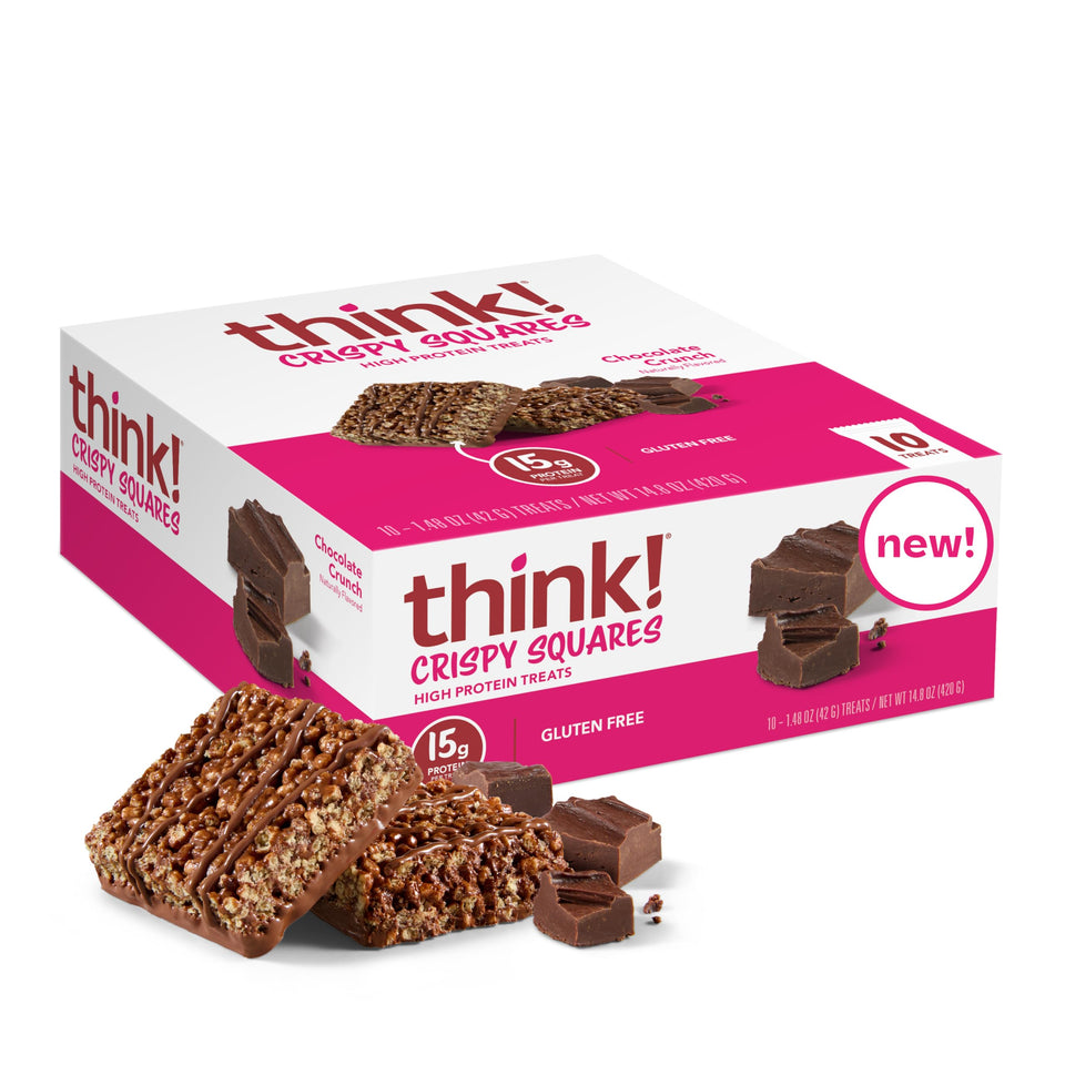 Think high-protein Crispy Squares packaging shows a protein-packed snack for on-the-go.