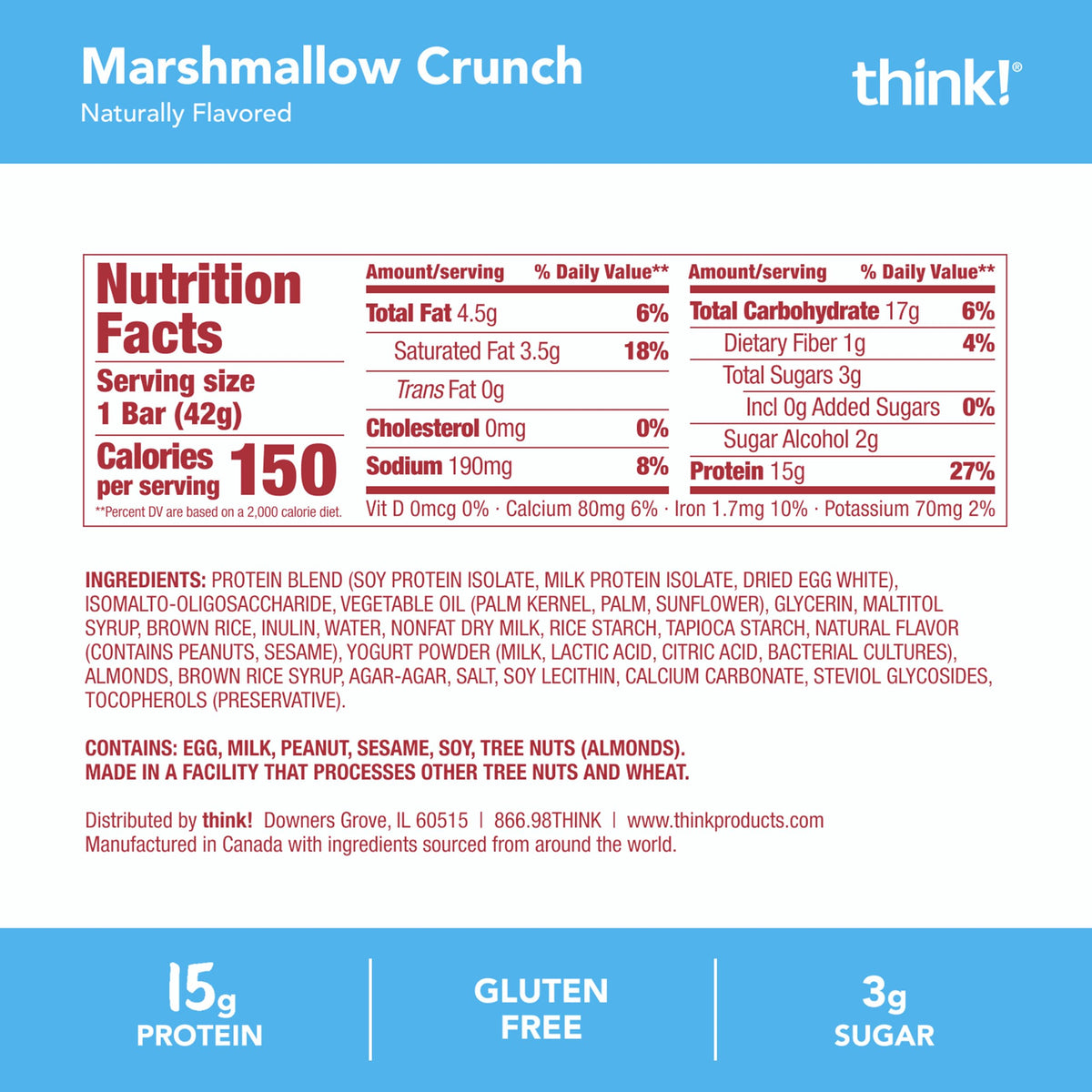 Think high protein crispy squares marshmallow crunch in hand on-the-go