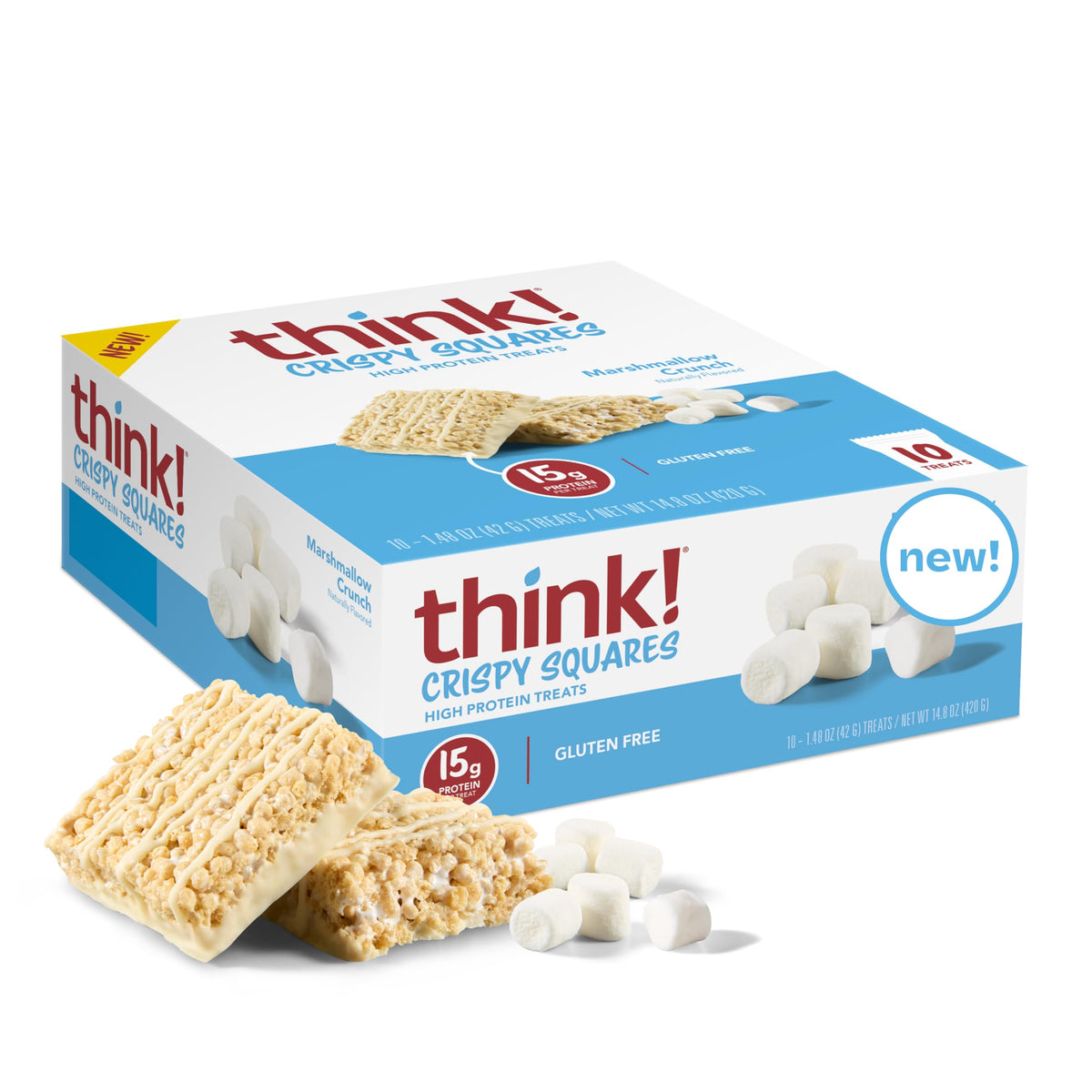 Think high protein crispy squares marshmallow crunch pack shot for on-the-go