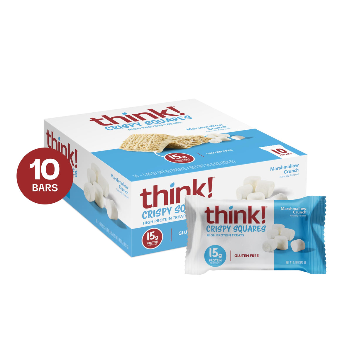 Think high protein crispy squares marshmallow crunch unwrapped bar close-up