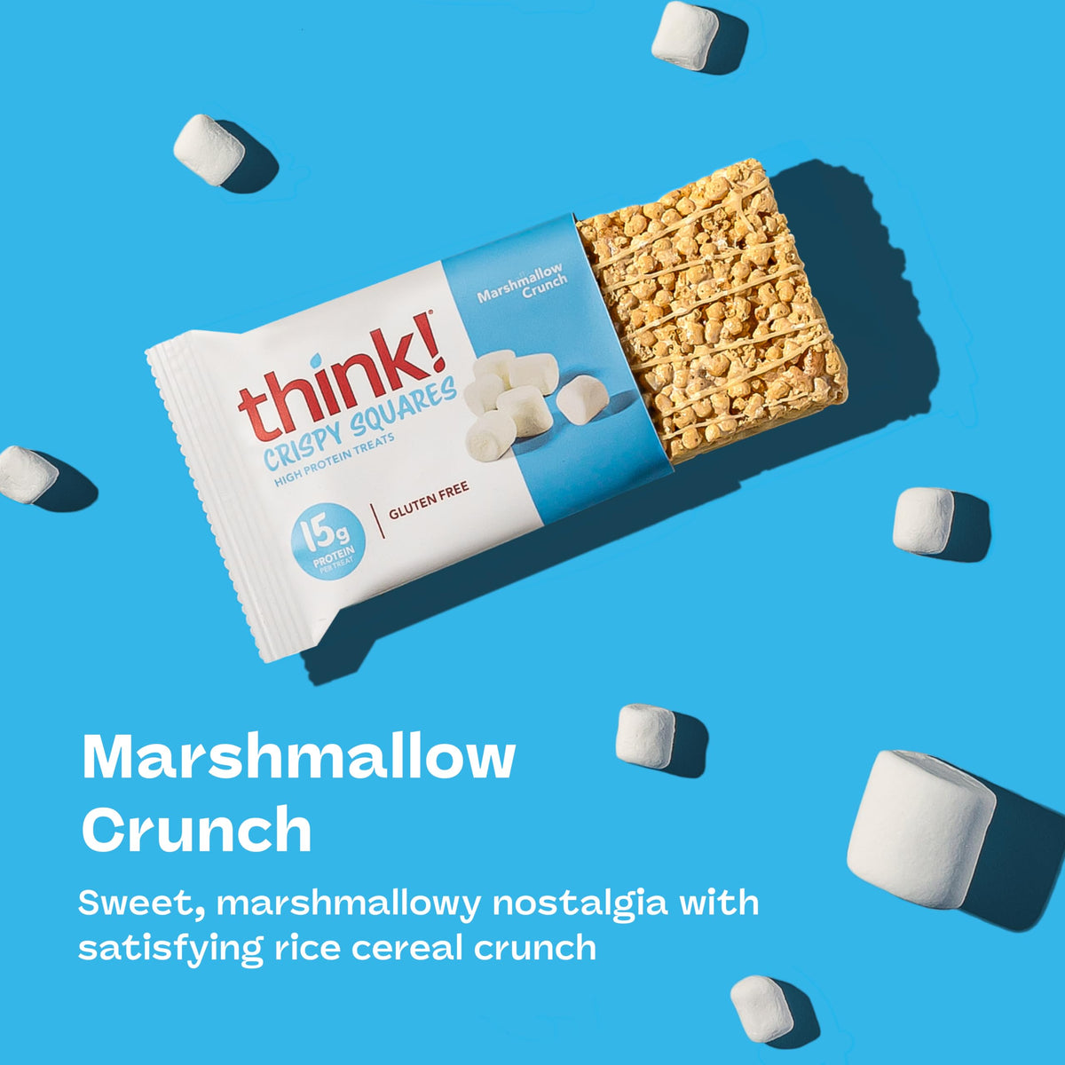 Think high protein crispy squares marshmallow crunch texture close-up shows crunch