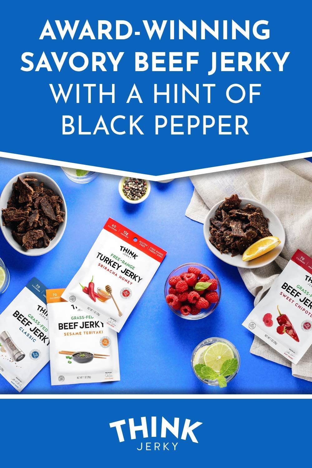 Think Jerky 8-pack layout, convenient gluten-free protein for busy days.