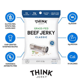 Think Jerky Classic Beef Jerky close-up of premium ingredients in gluten-free, USA-made packaging.