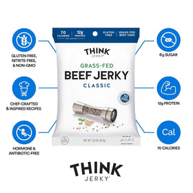 Think Jerky Classic Beef Jerky closeup-slices reveals tender meat texture with high-protein appeal.