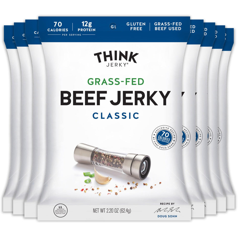 Think Jerky Classic Beef Jerky packaging highlights gluten-free and nitrate-free quality.