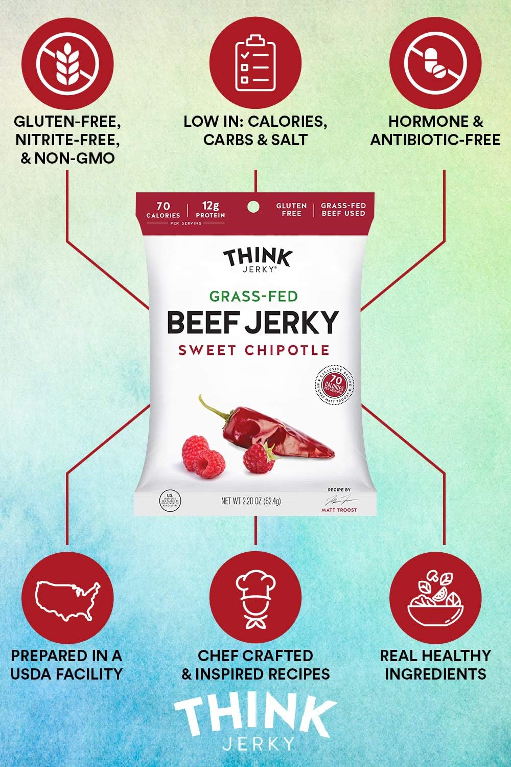 Think Jerky grass-fed beef jerky slices highlighting lean texture for a low-fat, high-protein option.
