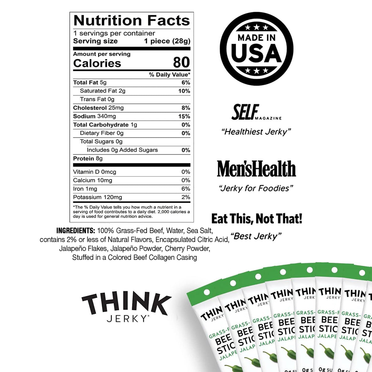 Think Jerky Jalapeno Beef Sticks individually wrapped for convenient snacking