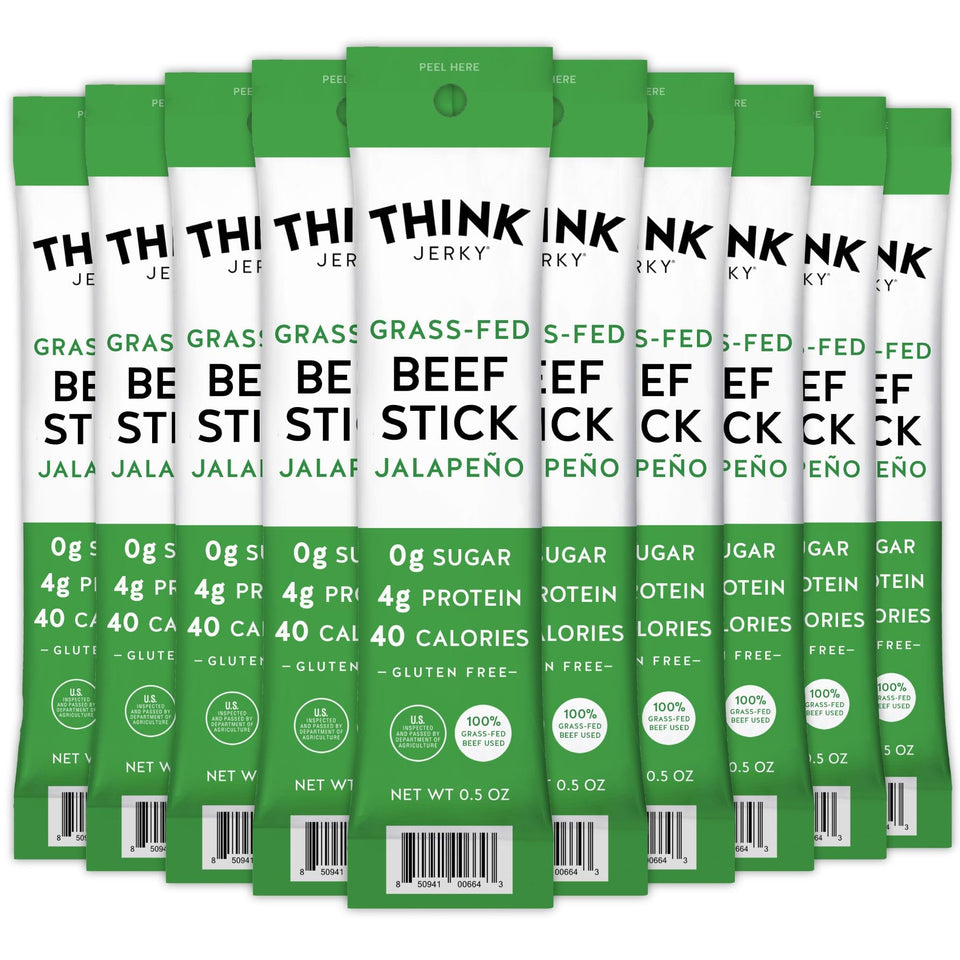 Think Jerky Jalapeno Beef Sticks packaging for on-the-go protein snack.