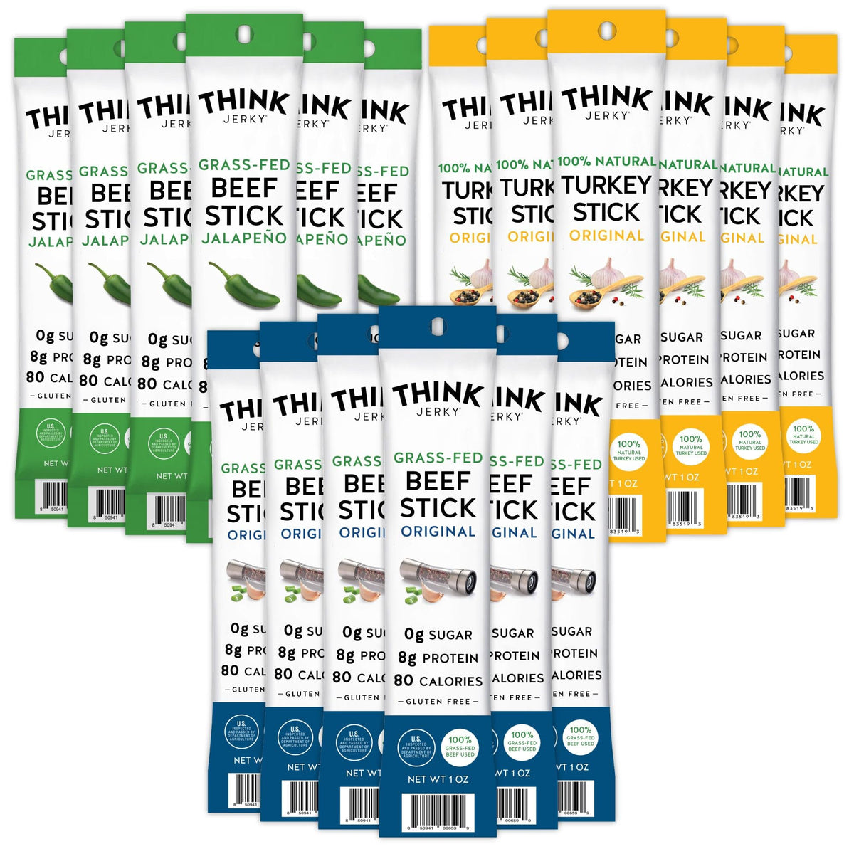 Think Jerky meat-stick variety pack packaging highlights clean ingredients for travel snacking