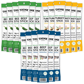 Think Jerky meat-stick variety pack packaging highlights clean ingredients for travel snacking