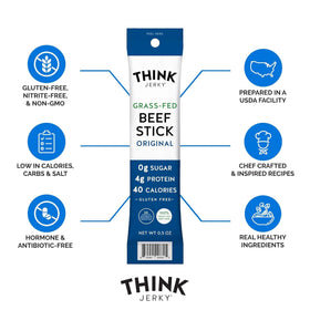 Think Jerky Original Beef Sticks closeup texture highlights lean meat and satisfying chew.