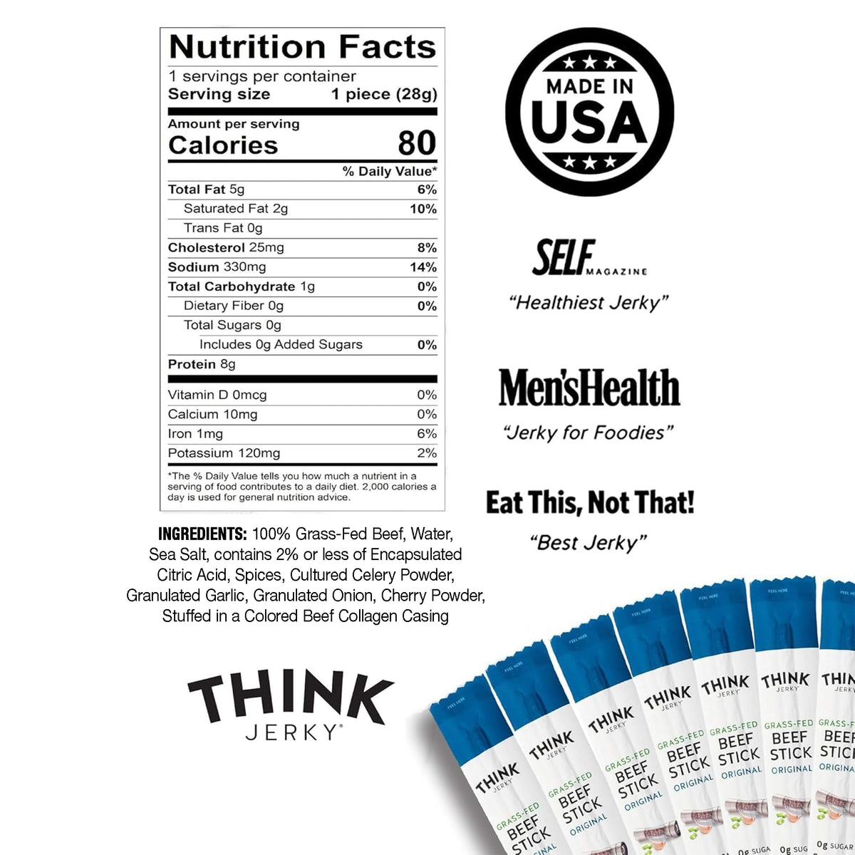 Think Jerky Original Beef Sticks individually wrapped for clean, portable protein on busy days.