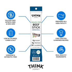Think Jerky Original Beef Sticks nutrition panel emphasizes protein and low carbs for mindful snacking.