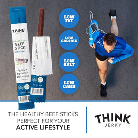 Think Jerky Original Beef Sticks office snack shows a tidy, tasty break.