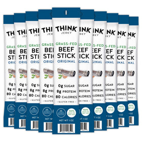 Think Jerky Original Beef Sticks packaging highlights gluten-free and nitrate-free ingredients for on-the-go snacking.