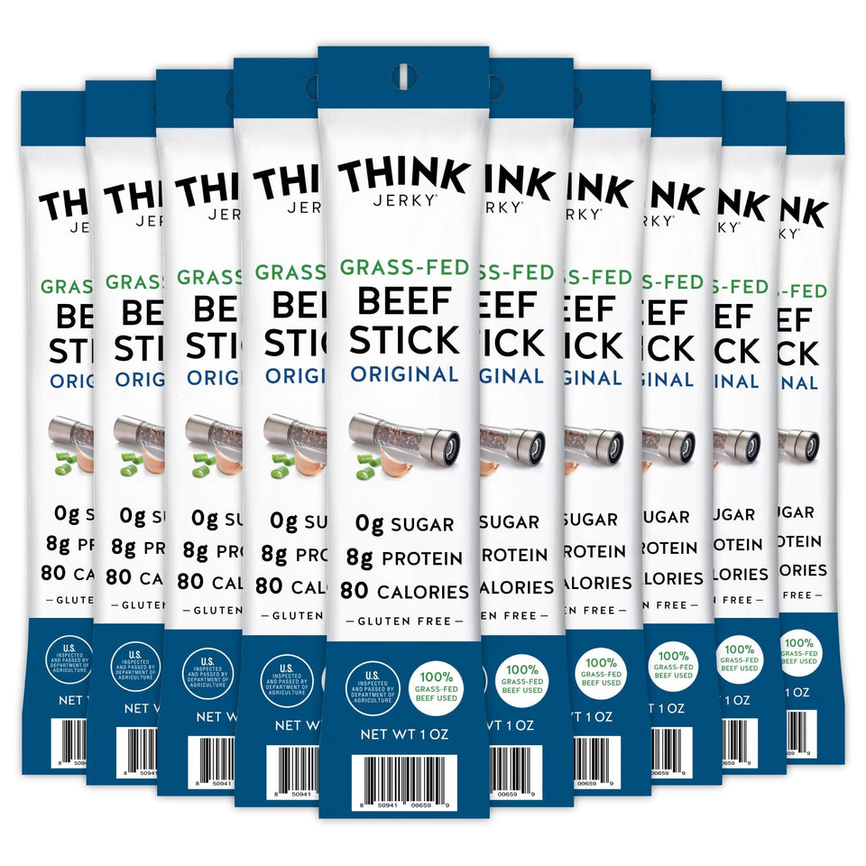 Think Jerky Original Beef Sticks packaging highlights gluten-free and nitrate-free ingredients for on-the-go snacking.
