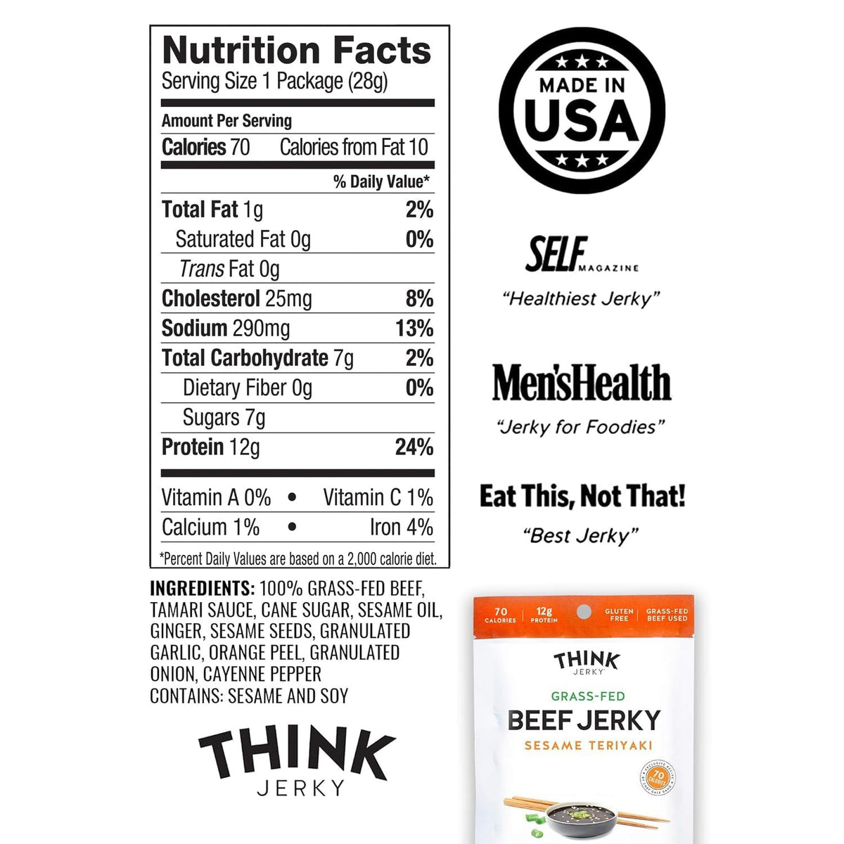 Think Jerky packaging close-up highlighting ingredient labels and quality sourcing.