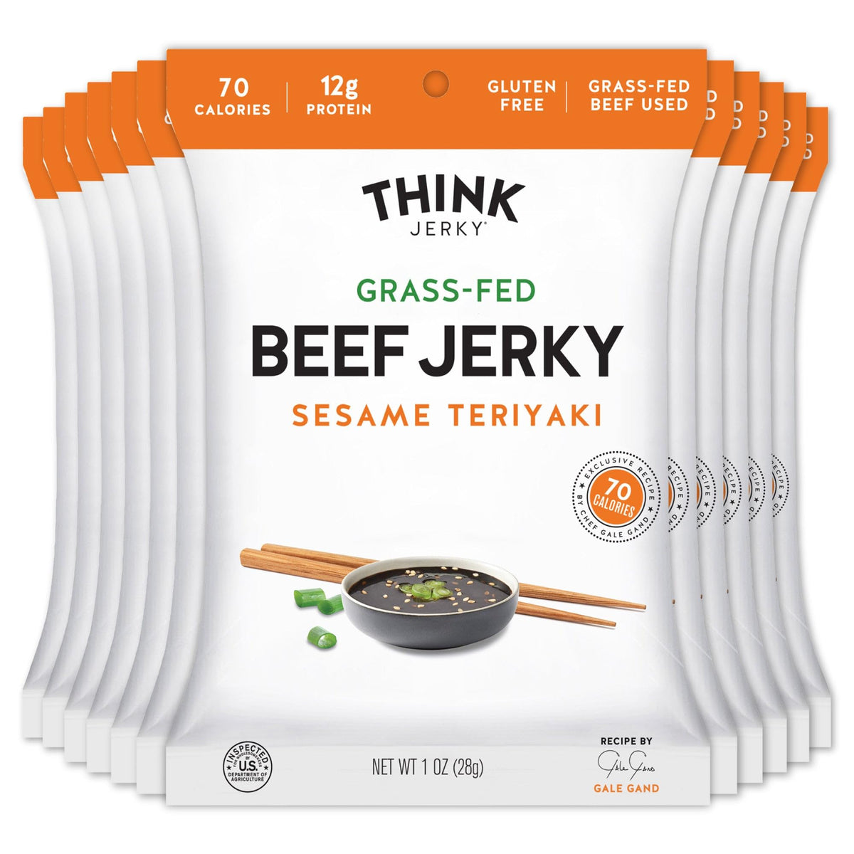 Think Jerky Sesame Teriyaki beef jerky bag highlights high protein snack
