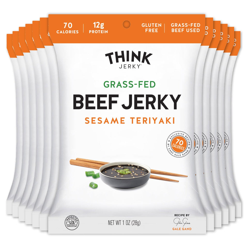 Think Jerky Sesame Teriyaki beef jerky bag highlights high protein snack