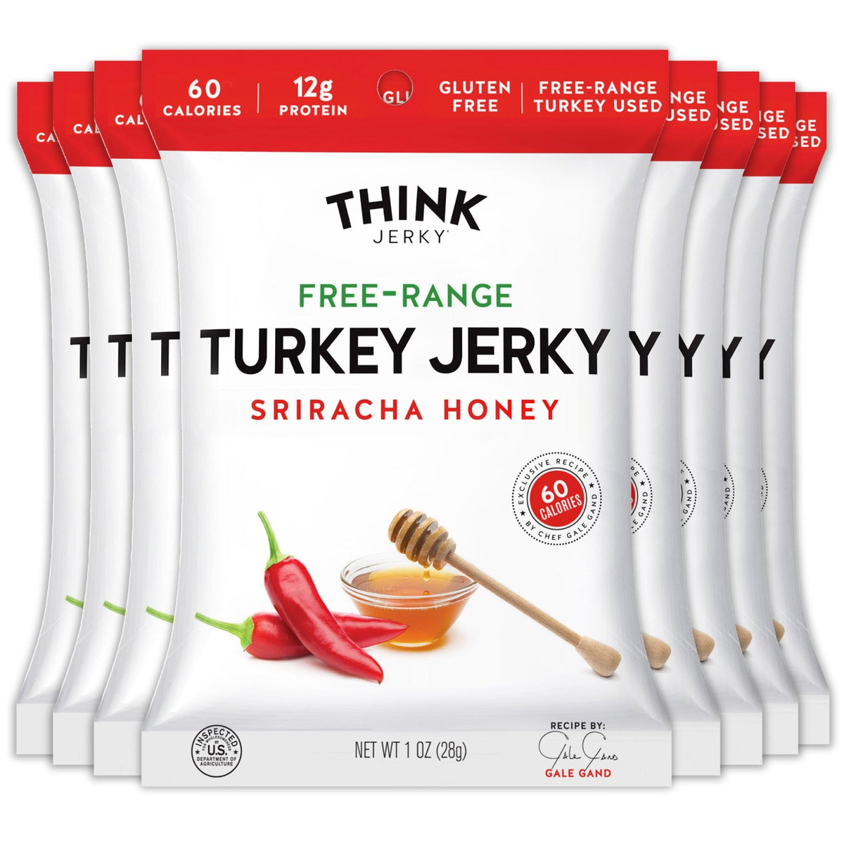 Think Jerky Sriracha Honey Turkey Jerky bag displaying bold flavor and protein-rich snack.
