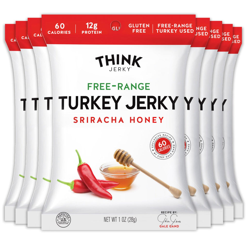 Think Jerky Sriracha Honey Turkey Jerky bag displaying bold flavor and protein-rich snack.