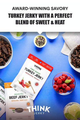 Think Jerky Sriracha Honey Turkey Jerky strips arranged as a quick post-workout snack.