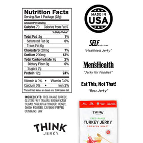 Think Jerky Sriracha Honey Turkey Jerky in-hand reveals portable protein for travel.