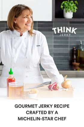 Think Jerky Sriracha Honey Turkey Jerky ingredients label showing free-range turkey and gluten-free claim.