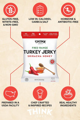Think Jerky Sriracha Honey Turkey Jerky in a gym bag for active lifestyle.