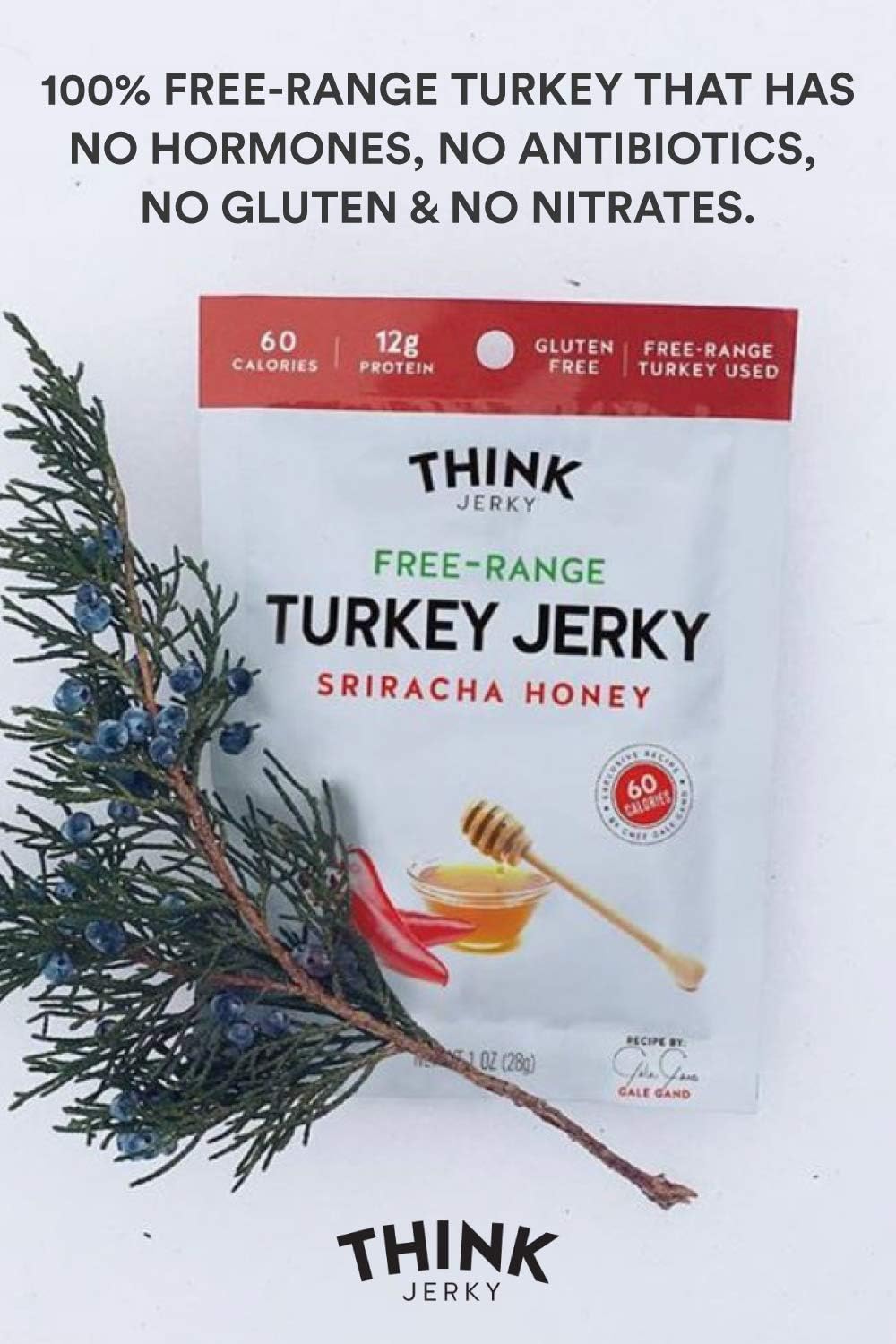Think Jerky Sriracha Honey Turkey Jerky serving idea with portable 1 oz bag.