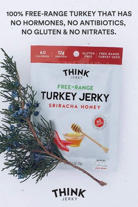 Think Jerky Sriracha Honey Turkey Jerky serving idea with portable 1 oz bag.