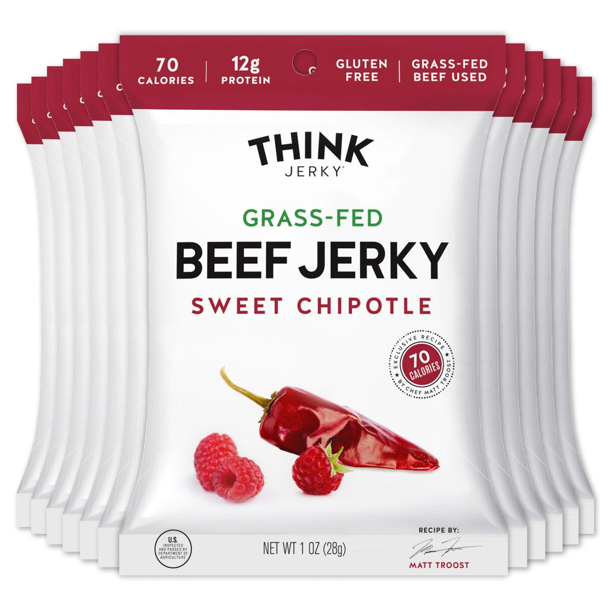 Think Jerky Sweet Chipotle beef jerky bag close-up highlighting bold flavor and convenient protein snack