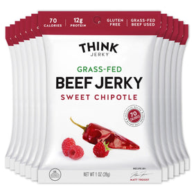 Think Jerky Sweet Chipotle beef jerky bag close-up highlighting bold flavor and convenient protein snack