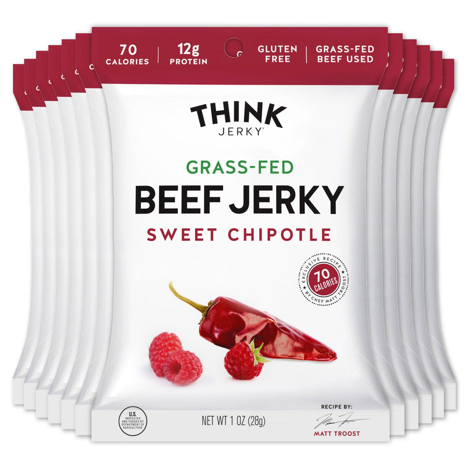 Think Jerky Sweet Chipotle beef jerky bag close-up highlighting bold flavor and convenient protein snack