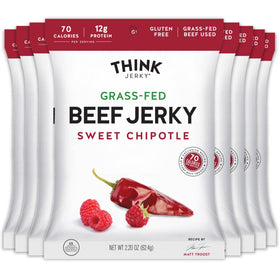 Think Jerky Sweet Chipotle beef jerky bag showcases premium slices for a flavorful, protein-packed snack.