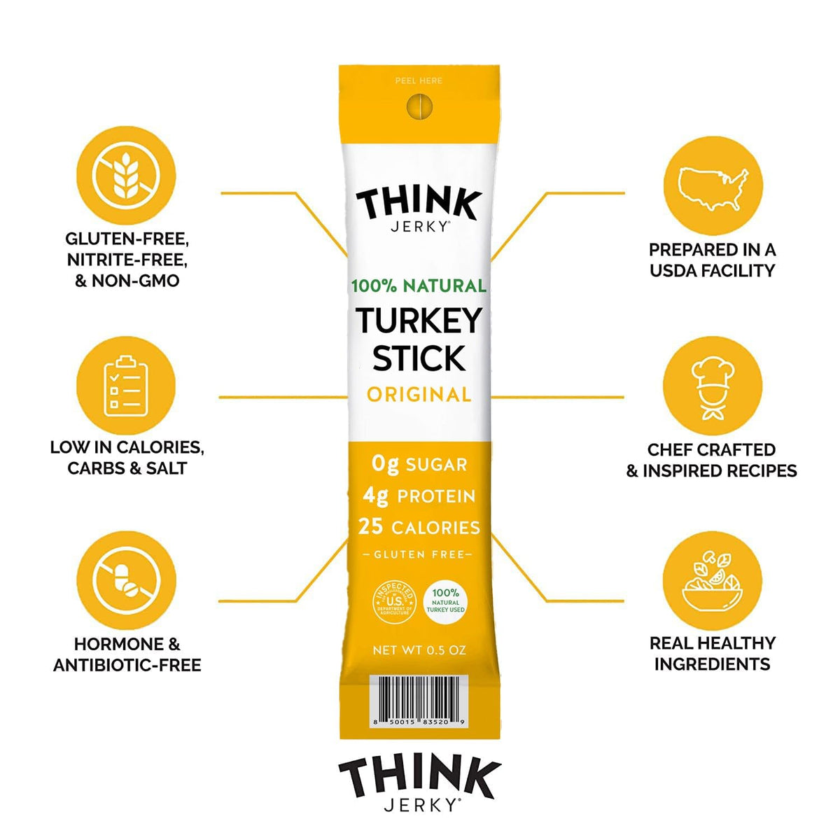 Think Jerky turkey sticks gluten-free badge demonstrates zero sugar ingredients for keto snacking.