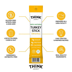 Think Jerky turkey sticks gluten-free badge demonstrates zero sugar ingredients for keto snacking.