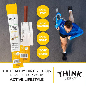Think Jerky turkey sticks on-the-go pack demonstrates convenient, ready-to-eat snack.