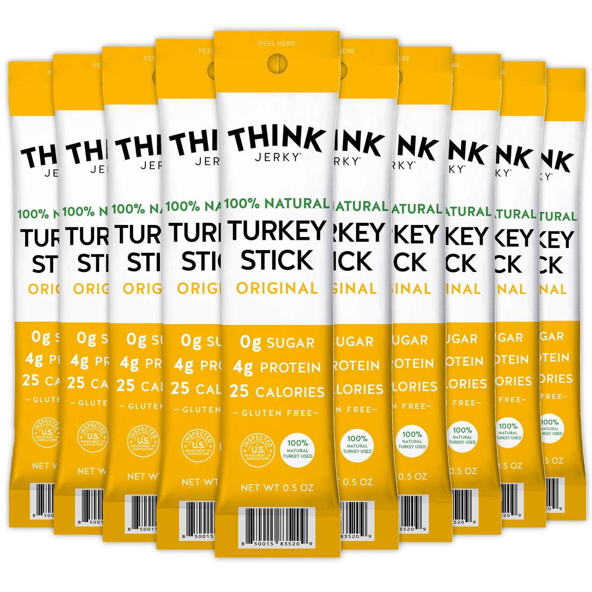 Think Jerky turkey sticks pack shot shows a portable high-protein snack.